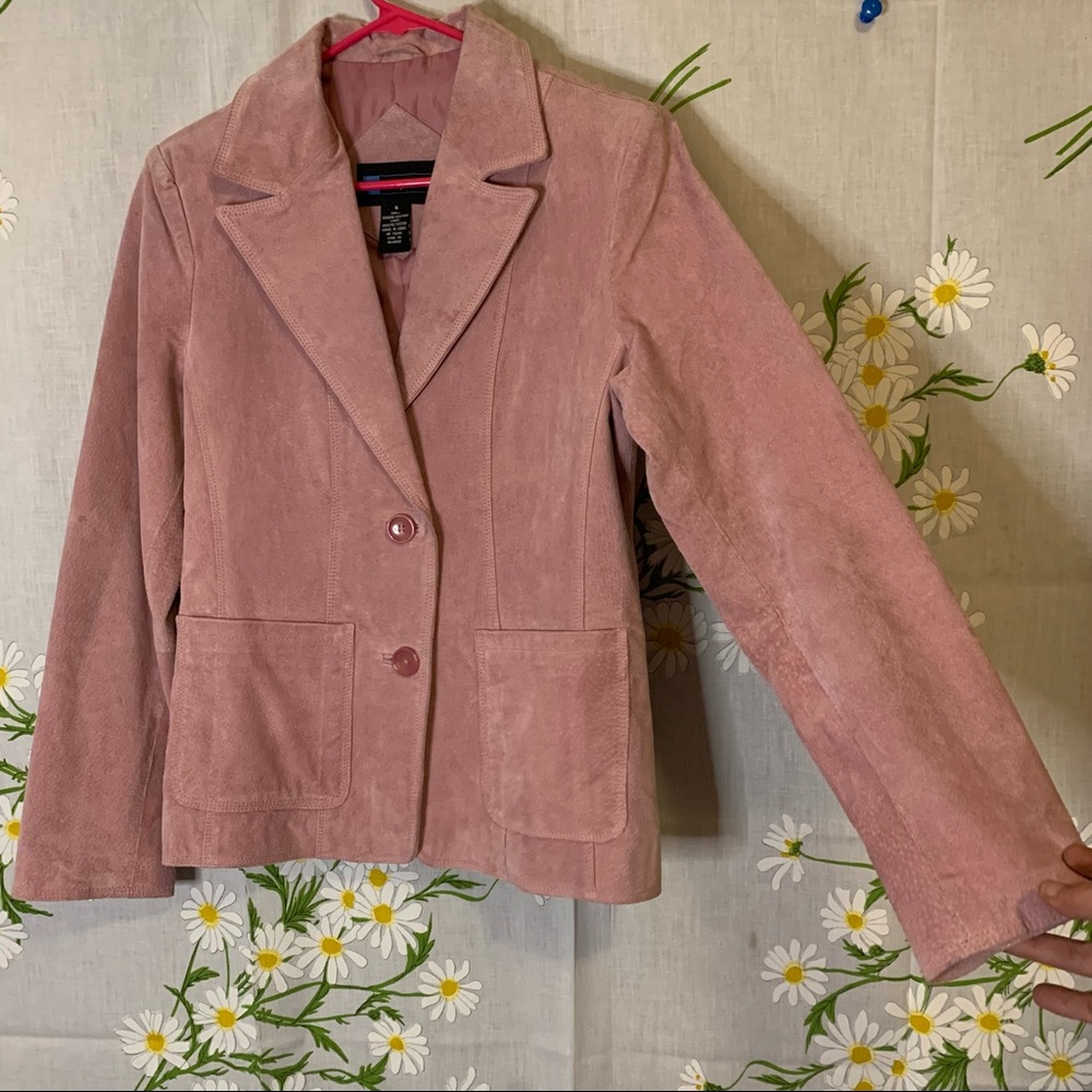 Vintage 90s RELATIVITY dusty light pink leather fitted blazer style jacket - Picture 3 of 7